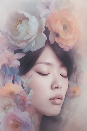 Portrait of a beautiful young asian woman with flowers in her hairの素材