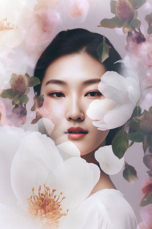 Beautiful asian woman with white flowers on her face. Beauty and spa concept.の素材