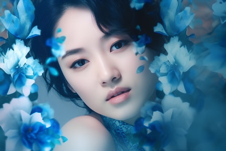 Portrait of beautiful asian woman with blue flowers in her hairの素材