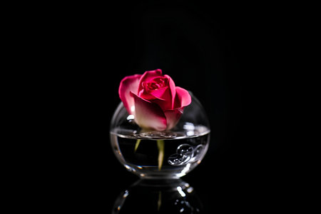Rose in a glass vase on a black background with reflection.の素材