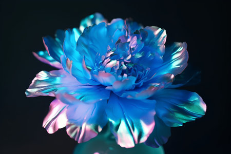 Blue peony flower in vase on black background, close upの素材