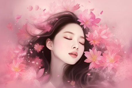Portrait of beautiful asian woman with pink flower petals on her hairの素材