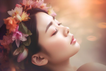 Portrait of beautiful young woman with spring flowers in her hair.の素材