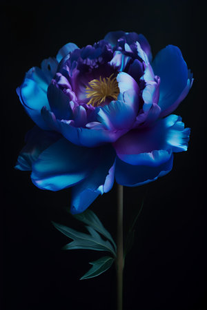 Blue peony flower isolated on black background. Close-up.の素材