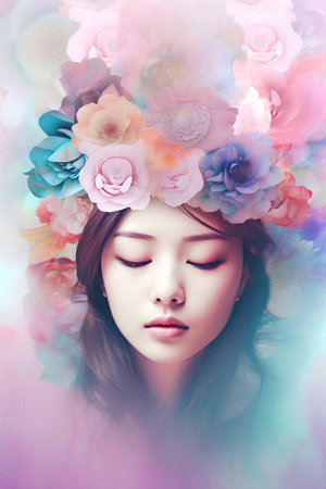 Beautiful young woman with spring flowers in her hair. Spring fashion.の素材