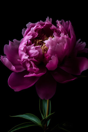 Beautiful pink peony flower isolated on black background. Closeup.の素材