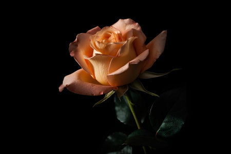 Beautiful orange rose isolated on black background. Close-up.の素材