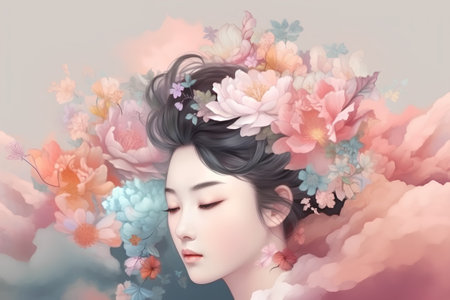 Illustration of a beautiful girl with flowers and butterflies in her hairの素材