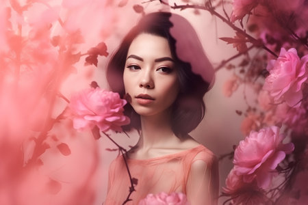 Beautiful asian woman with pink flowers. Beauty fashion portrait.の素材