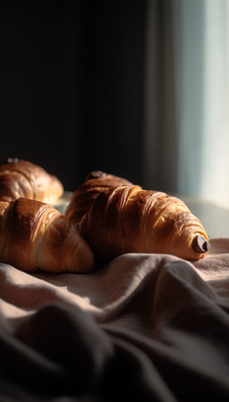 Freshly baked croissants on a table in the morning lightの素材