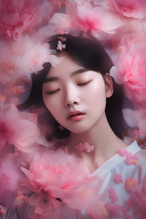 Beautiful asian woman face with pink flower background. Perfect skin.の素材