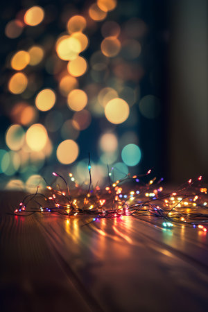 Christmas lights on a wooden table with bokeh background, christmas backgroundの素材