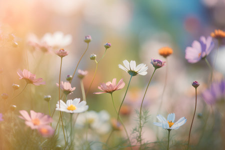 Cosmos flowers in the meadow. Soft focus. Nature background.の素材