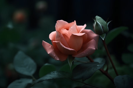 Beautiful pink rose with water drops on petals on dark backgroundの素材