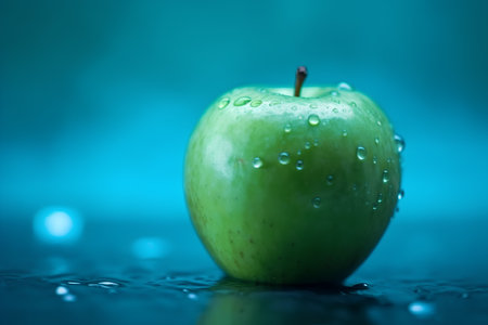 Green apple with water drops on a blue background. Shallow DOFの素材