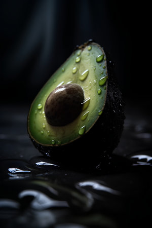 Fresh avocado with water drops on black background. Shallow depth of field.の素材
