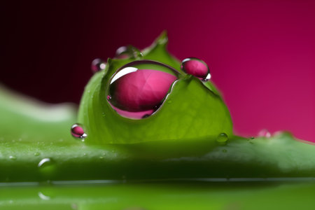 Water droplets on a green leaf with a pink background. Macroの素材