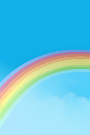 Rainbow in the blue sky with white clouds. Vector illustration.の素材