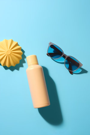 Sunscreen bottle with sunglasses on blue background. Sun protection concept.の素材