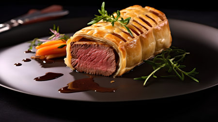 Puff pastry with beef and caramelized carrots on a black plateの素材