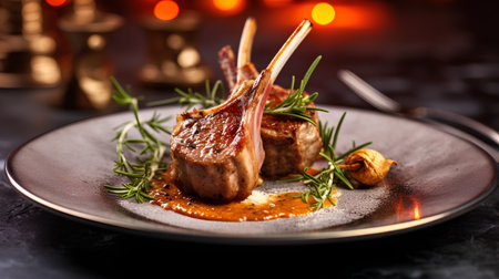Grilled lamb chops with sauce and rosemary on a black plateの素材