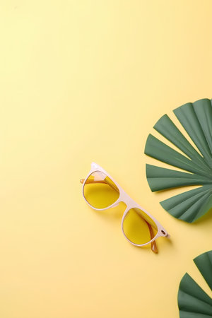 Tropical palm leaf and sunglasses on yellow background. Flat lay, top view minimal summer concept.の素材