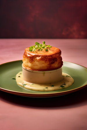 Cottage cheese tart with cream sauce and herbs on a green plateの素材