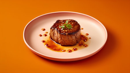 Japanese Cuisine - Steak with Sauce on Plate over Orange Backgroundの素材