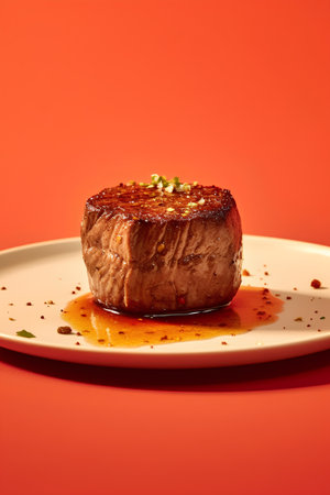 Grilled beef fillet with sauce on a white plate on a red backgroundの素材