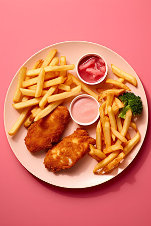 Fish and chips with ketchup and mayonnaise on pink backgroundの素材
