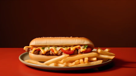Tasty hot dog with french fries on red background, closeupの素材