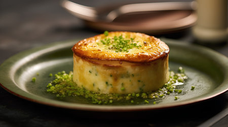 Creme brulee with cheese and herbs on a green plate.の素材