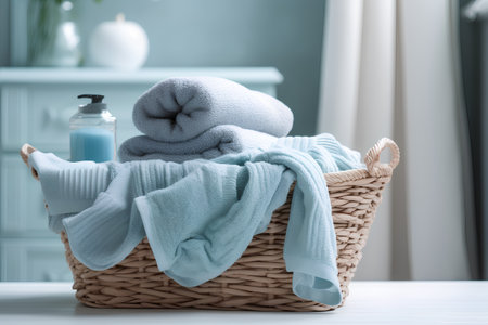 Basket with towels and soap on table in bathroom, tonedの素材
