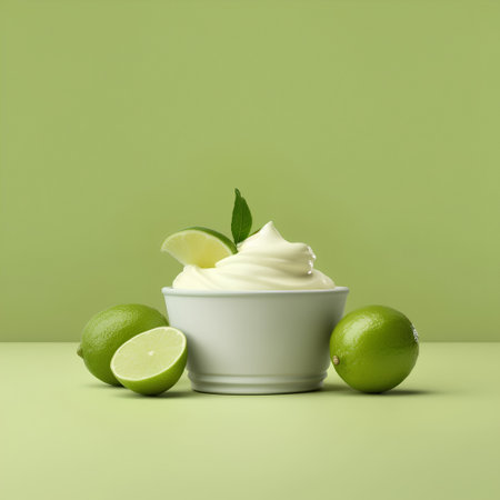 Creamy sour cream in bowl with lime and mint on green backgroundの素材