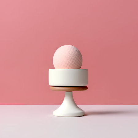 3d rendering of a pink golf ball on a white stand.の素材