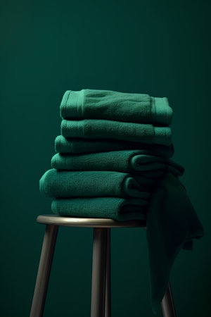 Stack of clean towels on a dark green background. 3d renderingの素材
