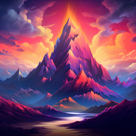 Mountain landscape with lake and sunset. Vector illustration of a mountain in the skyの素材