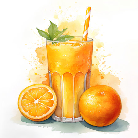 Watercolor illustration of a glass of fresh orange juice with a straw and slices of orangeの素材