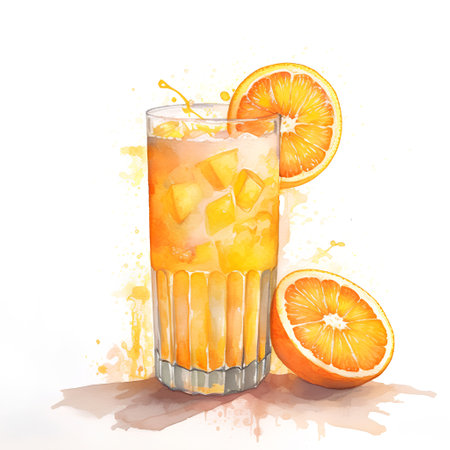 Watercolor illustration of a glass of orange juice with ice cubes and fresh oranges.の素材