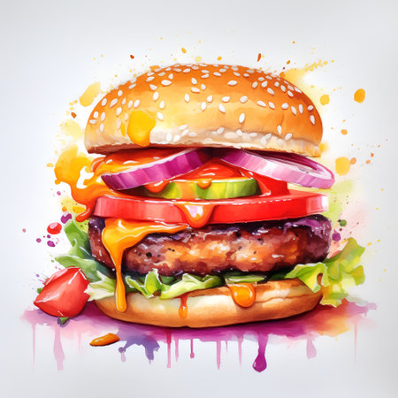 Hamburger on white background. Watercolor hand drawn illustration.の素材