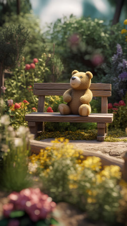Teddy bear sitting on a wooden bench in the garden with flowersの素材