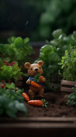 Gardening concept. Teddy bear with carrot and basil. Selective focus.の素材