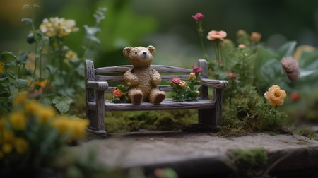 Teddy bear sitting on a bench in the garden with yellow flowersの素材