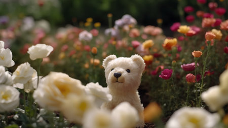 Teddy bear and tulip flowerbed in the garden, selective focusの素材