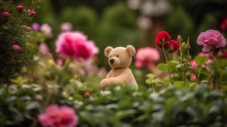Teddy bear in the garden with flowers. Selective focus.の素材