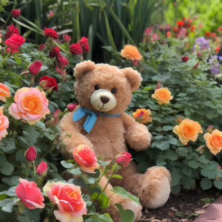 Teddy bear in the garden with roses in the flowerbed.の素材