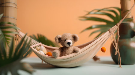 Teddy bear in hammock on orange background with palm leaves.の素材