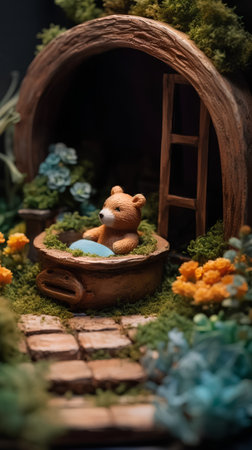 Teddy bear in a clay pot with green moss and flowers.の素材
