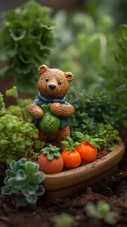 Cute teddy bear with vegetables in the garden. Selective focus.の素材