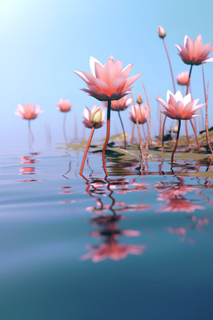 Pink lotus flower in the pond. 3d rendering illustration.の素材
